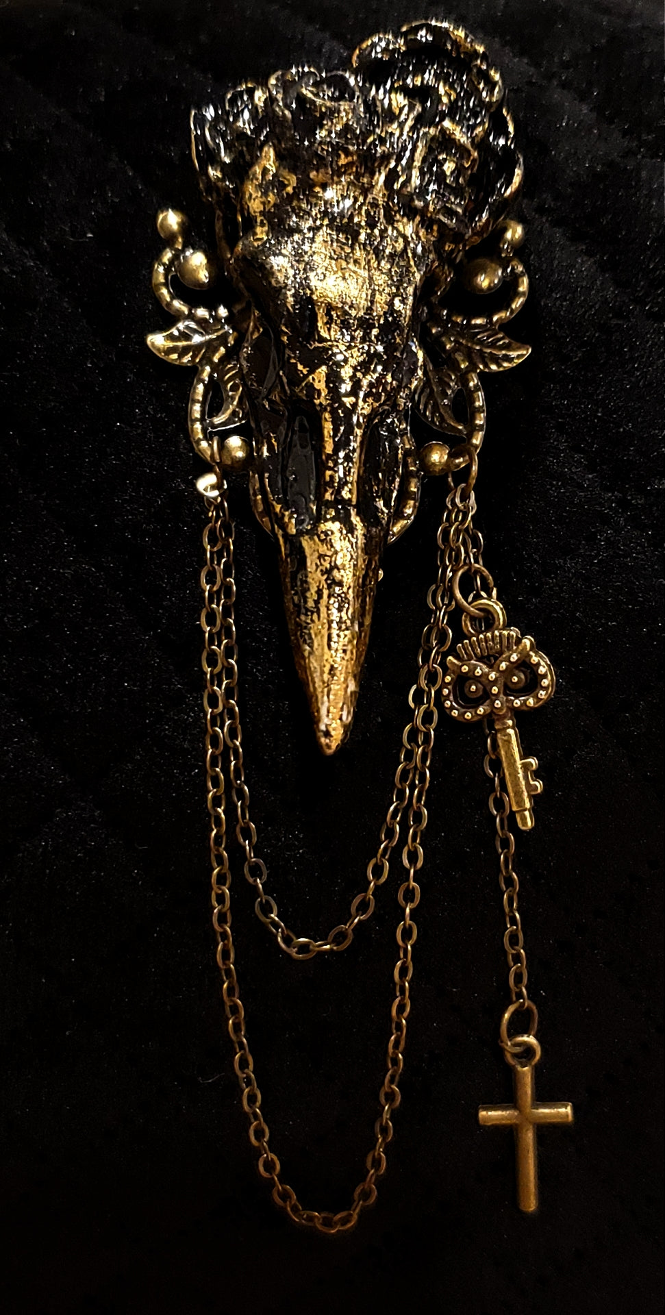 Secret key raven skull brooch